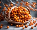 Ripe appetizing sea Ã¢â¬â¹Ã¢â¬â¹Ã¢â¬â¹Ã¢â¬â¹buckthorn berries in an overflowing basket, AI